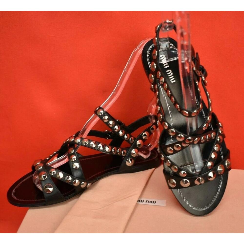 MIU MIU PRADA 5X8709 BLACK LEATHER CRISSCROS GLADIATORS STUDDED FLATS SANDALS 37